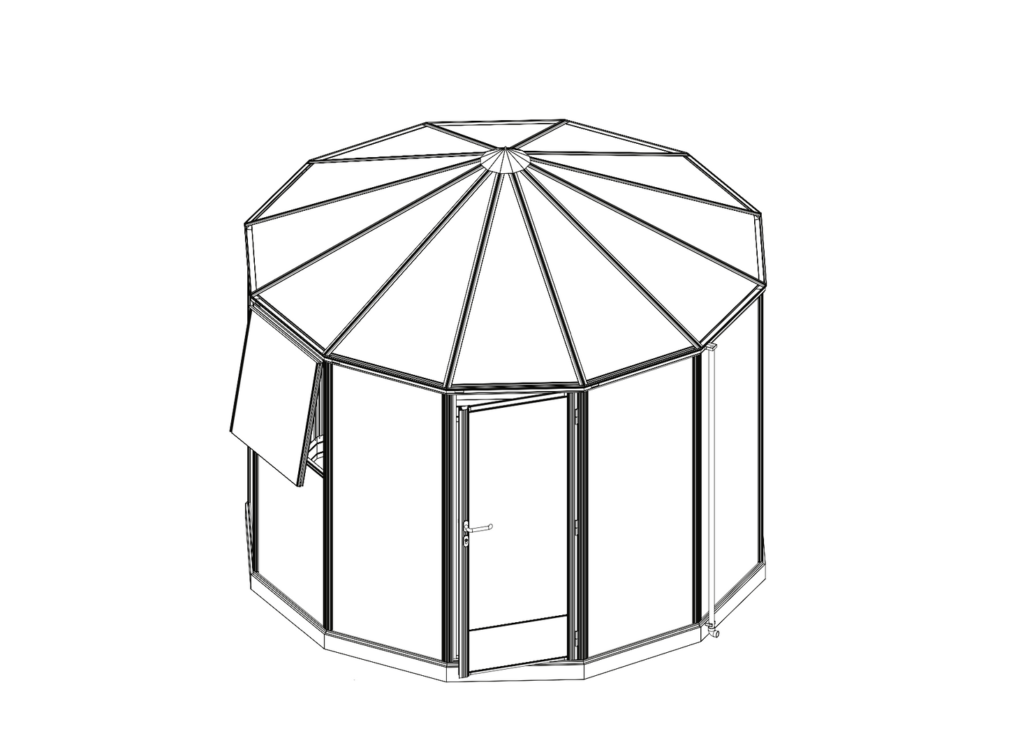 Eleganta apaļas formas Gardenvilla CIRCULUS stikla siltumnīca ar ikonisku saules staru raksta jumtu.