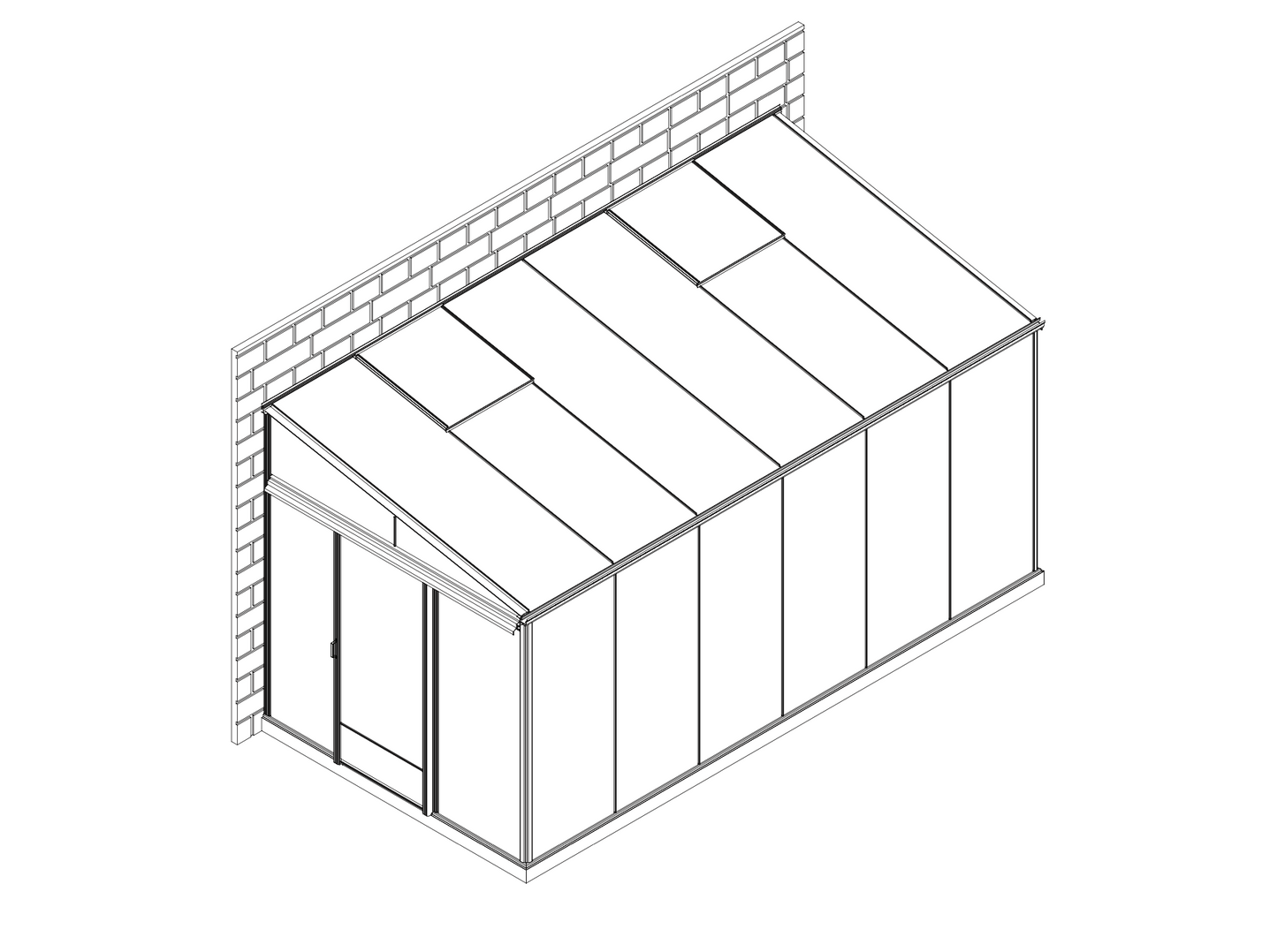 Gardenvilla HORTUS pie sienas stiprināma alumīnija siltumnīca (Lean-To) ar stikla segumu un vienslīpuma jumtu.