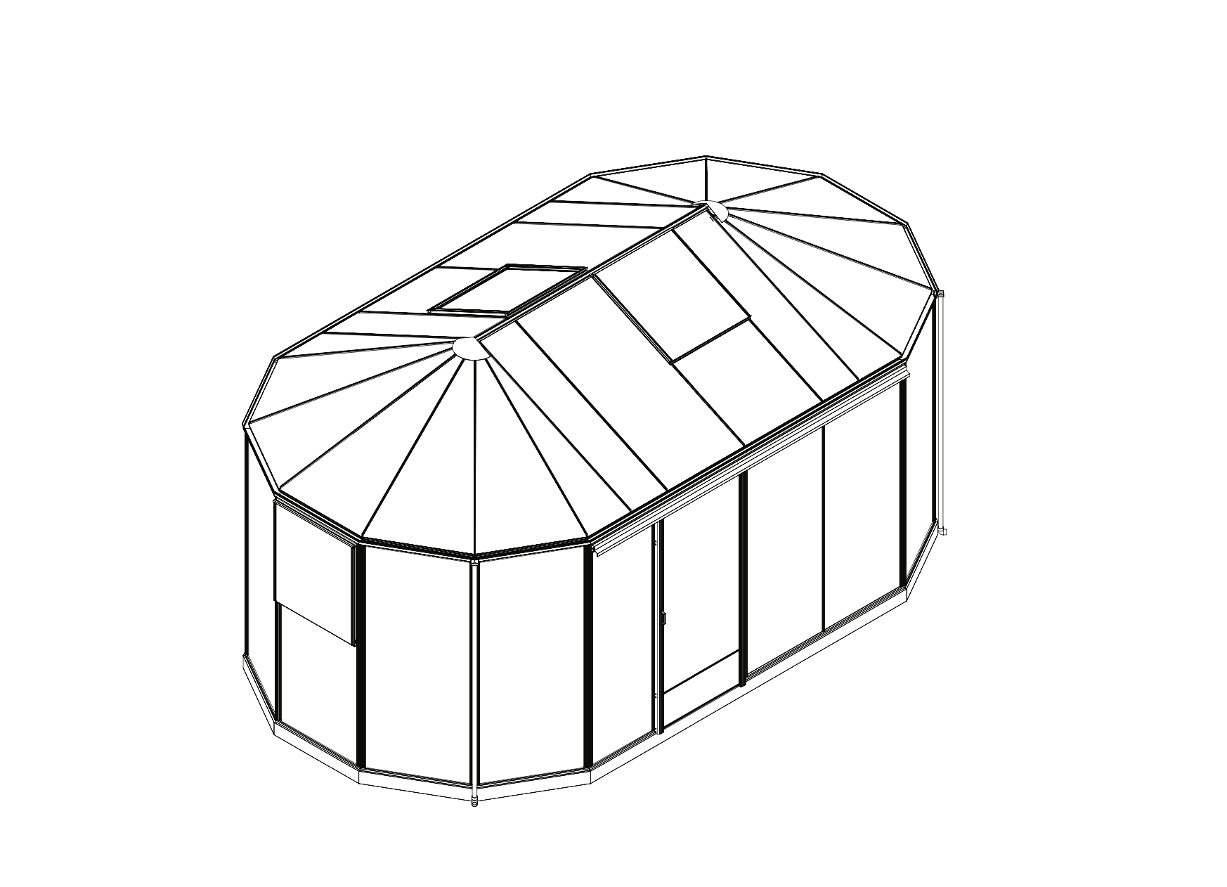 Grezna Gardenvilla OVALIS stikla oranžērija un tējas namiņš ar graciozām, liektām sienām dārzā.