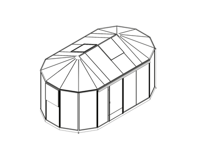 Grezna Gardenvilla OVALIS stikla oranžērija un tējas namiņš ar graciozām, liektām sienām dārzā.