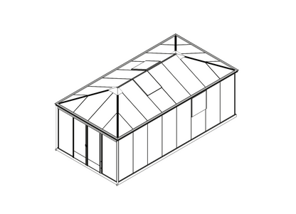 Eleganta lielizmēra oranžērija PYRAMIS EXTRA modernā dārza ainavā – ideāla vieta pasākumiem un atpūtai.